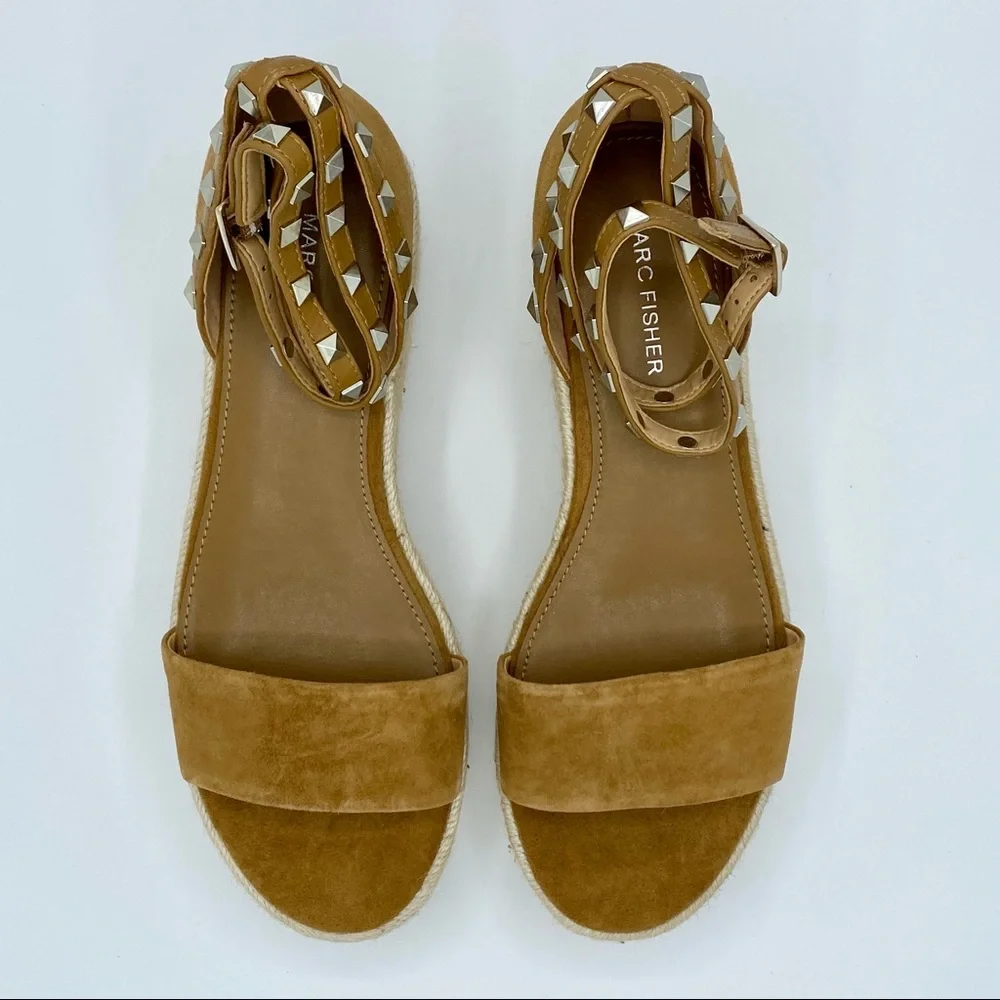 Marc Fisher Light Brown Suede Jazlyn Studded Ankle Strap Espadrille Sandal